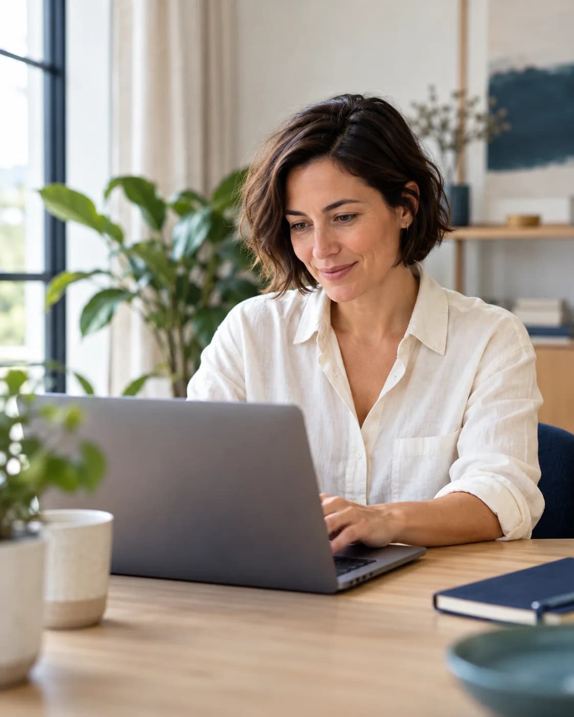 Illustratives Motiv: Eine Unternehmerin arbeitet konzentriert an ihrem Laptop in einem hellen Büro.